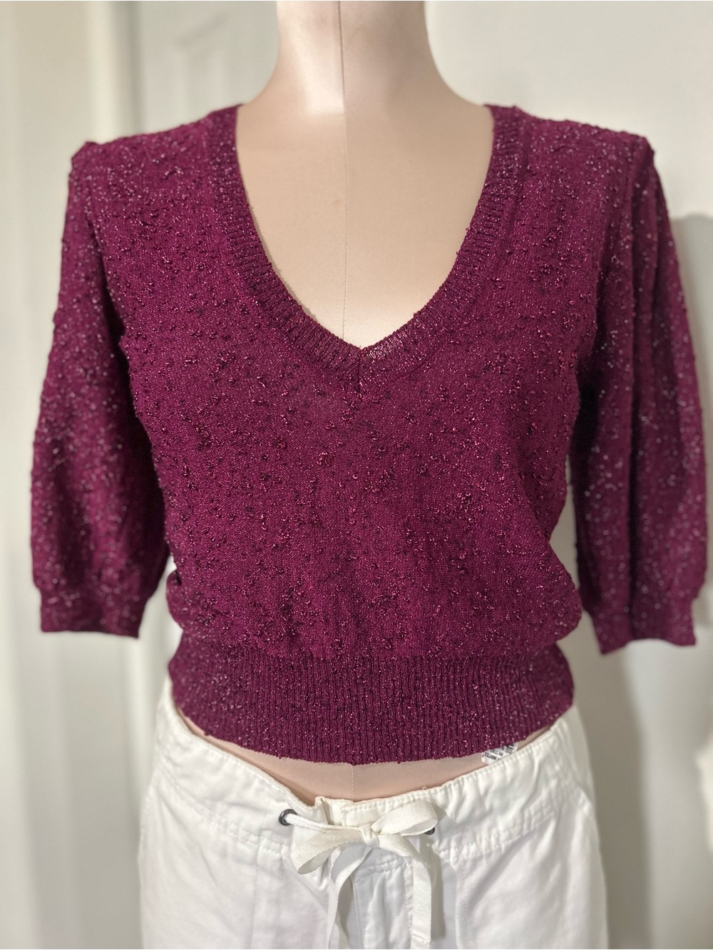 Zara sparkle Berry Knit V-Neck Sweater size S
